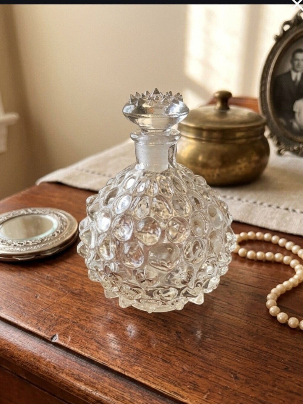 Vintage Glass Hobnail Perfume Bottle Spiked Stopper Vanity Cologne Flacon Clear